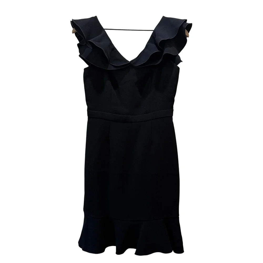 Rachel Zoe Dress Women 6 Black Ruffle Cold‎ Shoulder V-Neck Sheath Delia